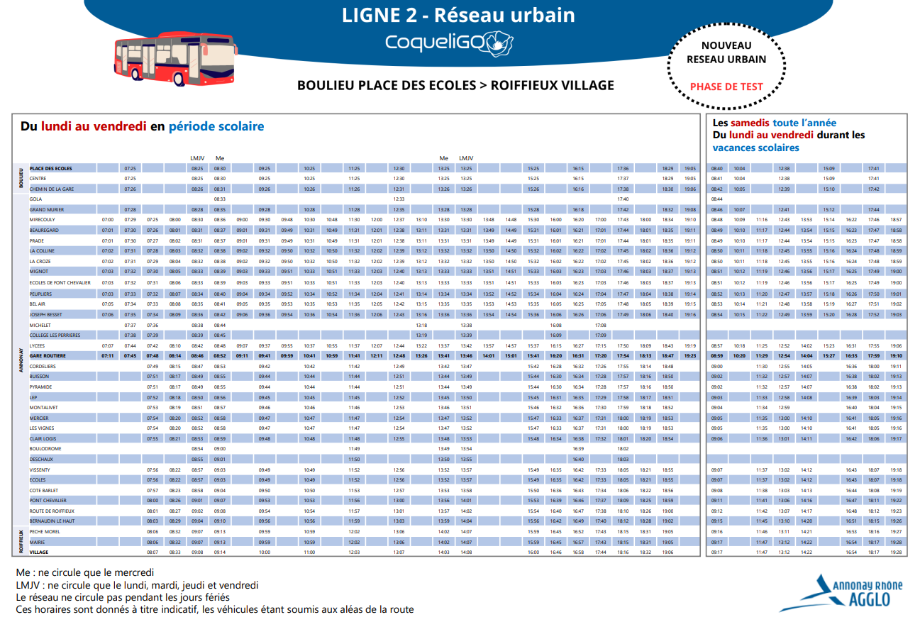 Horaires Ligne 2 réseau urbain